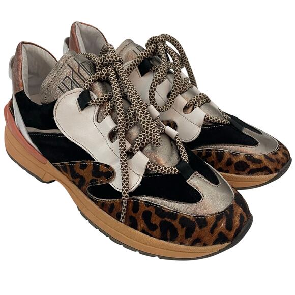 Vaddia 38 / 7.5 Calf Hair Leather Sneakers Metallic Cheetah Print - Picture 1 of 12